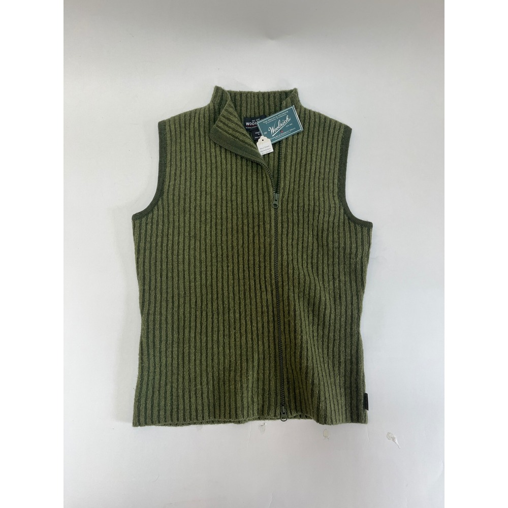 Woolrich Women Olive Green Ribbed Full Zip Wool Blend Sweater Vest Size Medium